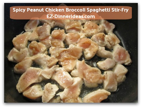 Spicy Peanut Chicken Broccoli Spaghetti Stir-Fry - Single layer chicken in a hot skillet and let meat brown for 3-5 minutes Spicy Peanut Chicken Broccoli Spaghetti Stir-Fry - Single layer chicken in a hot skillet and let meat brown for 3-5 minutes