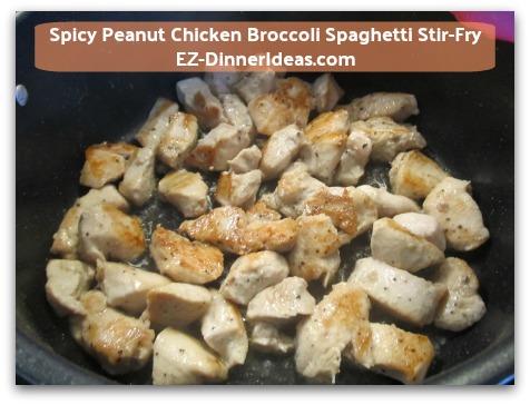 Spicy Peanut Chicken Broccoli Spaghetti Stir-Fry - Turn chicken over and cook for another 3 minutes at medium high heat Spicy Peanut Chicken Broccoli Spaghetti Stir-Fry - Turn chicken over and cook for another 3 minutes at medium high heat