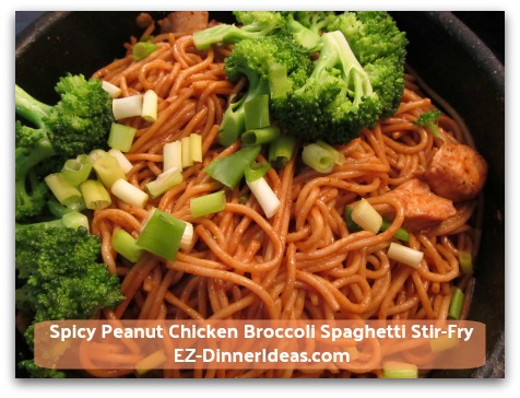 Spicy Peanut Chicken Broccoli Spaghetti Stir-Fry - Add broccoli and scallion to garnish.  ENJOY! Spicy Peanut Chicken Broccoli Spaghetti Stir-Fry - Add broccoli and scallion to garnish.  ENJOY!