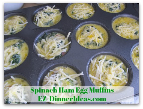 Spinach Ham Egg Muffins - Evenly distribute egg mixture among 12 cups
