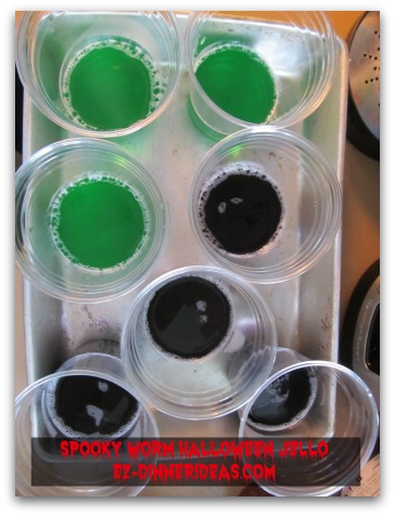 Spooky Worm Halloween Jello - We picked green and purple.  You can pick any jello color you like to go with the theme.
