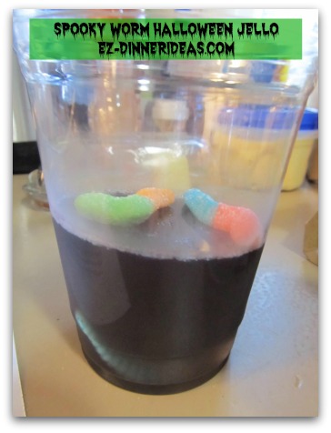 Spooky Worm Halloween Jello - See the spooky worm at the bottom.  Believe it or not, the texture of that worm candy will turn into jello, too.