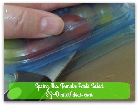 Spring Mix Tomato Pasta Salad - Press down on the top lid gently and have a sharp knife to cut through between both lids