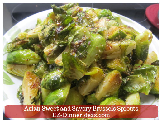 Sweet and Savory Brussels sprouts on serving plate Sweet and Savory Brussels sprouts on serving plate