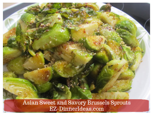 Sweet and Savory Brussels sprouts on serving plate Sweet and Savory Brussels sprouts on serving plate