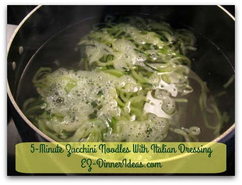 Cooking for Two | 5-Minute Zucchini Noodles With Italian Dressing - As soon as the zucchini noodles are loosened up in boiling water, they are coming out.